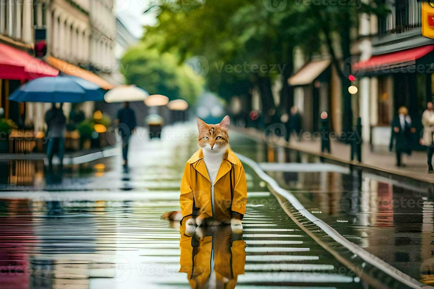 een kat in een geel regenjas staand Aan een nat straat. ai-gegenereerd foto