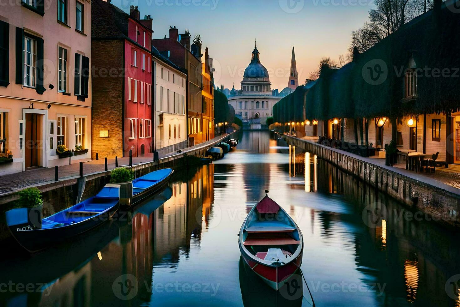 een kanaal in de midden- van een stad met boten. ai-gegenereerd foto