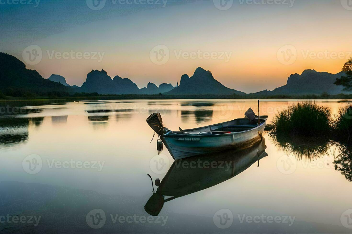 een boot zit Aan de water Bij zonsondergang met bergen in de achtergrond. ai-gegenereerd foto