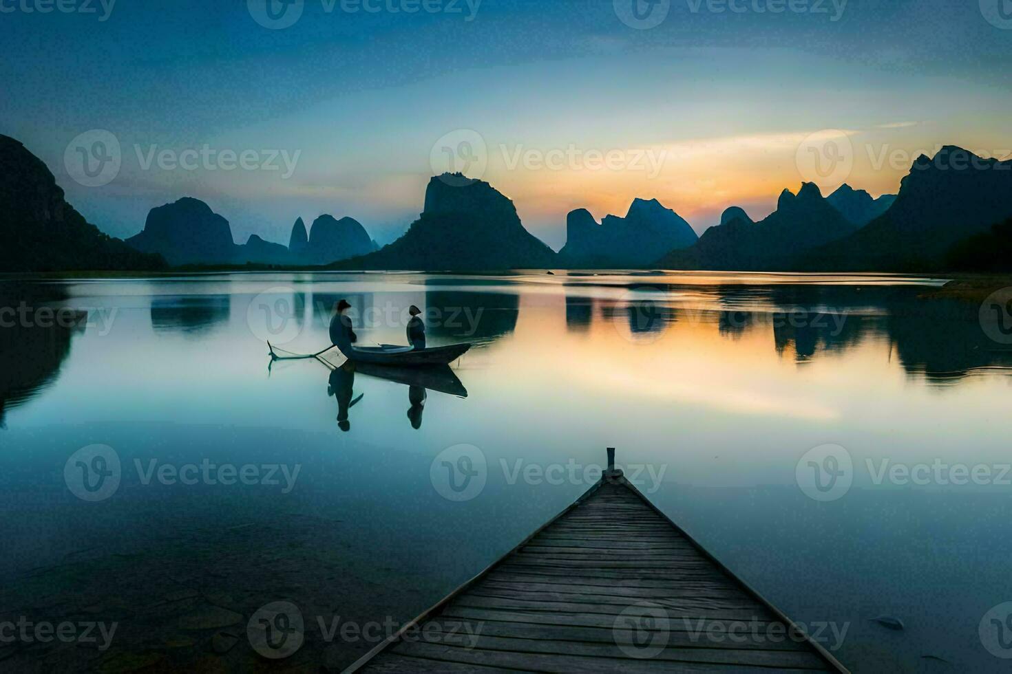 twee mensen in een boot Aan de water Bij zonsondergang. ai-gegenereerd foto