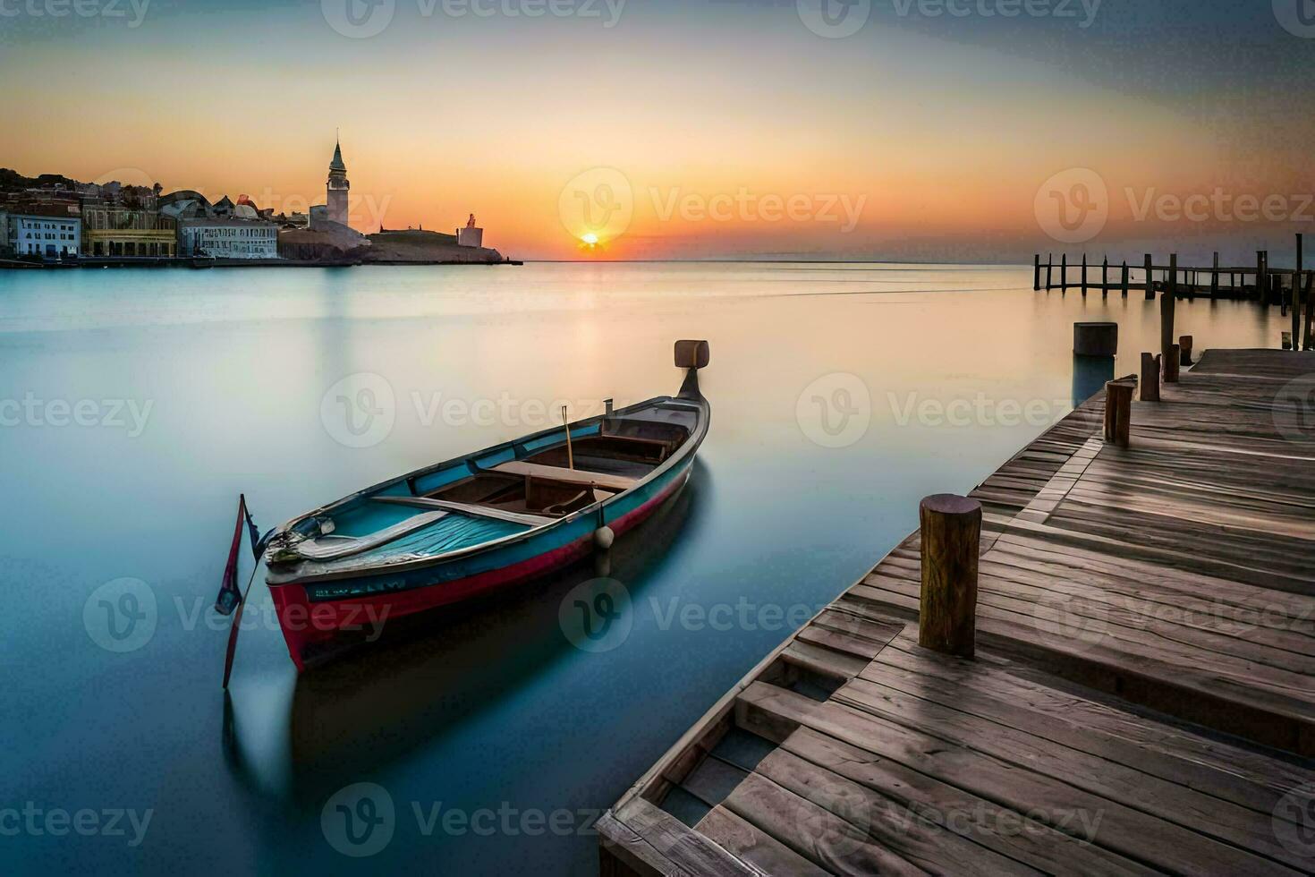 een boot zit Aan de dok Bij zonsondergang. ai-gegenereerd foto