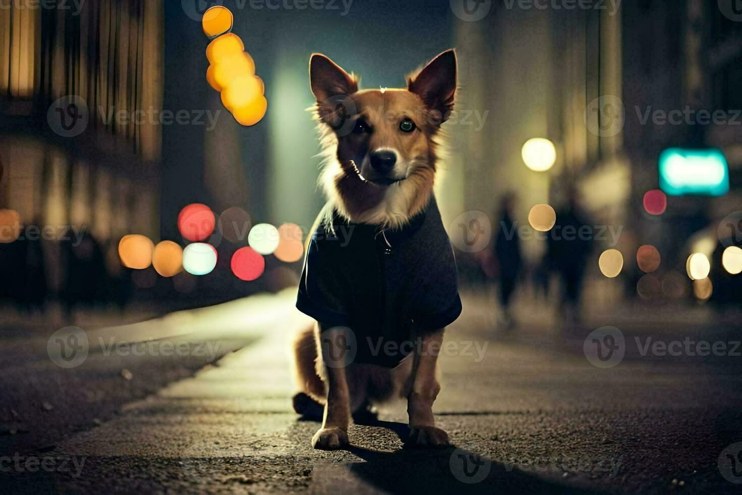 een hond vervelend een jasje Aan de straat Bij nacht. ai-gegenereerd foto