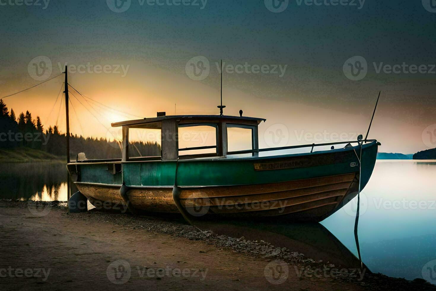 een boot zit Aan de kust Bij zonsondergang. ai-gegenereerd foto