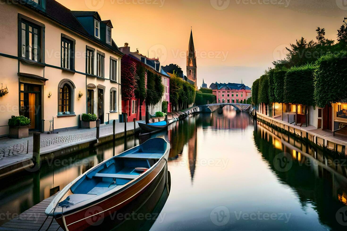 een boot is aangemeerd in een kanaal De volgende naar gebouwen. ai-gegenereerd foto