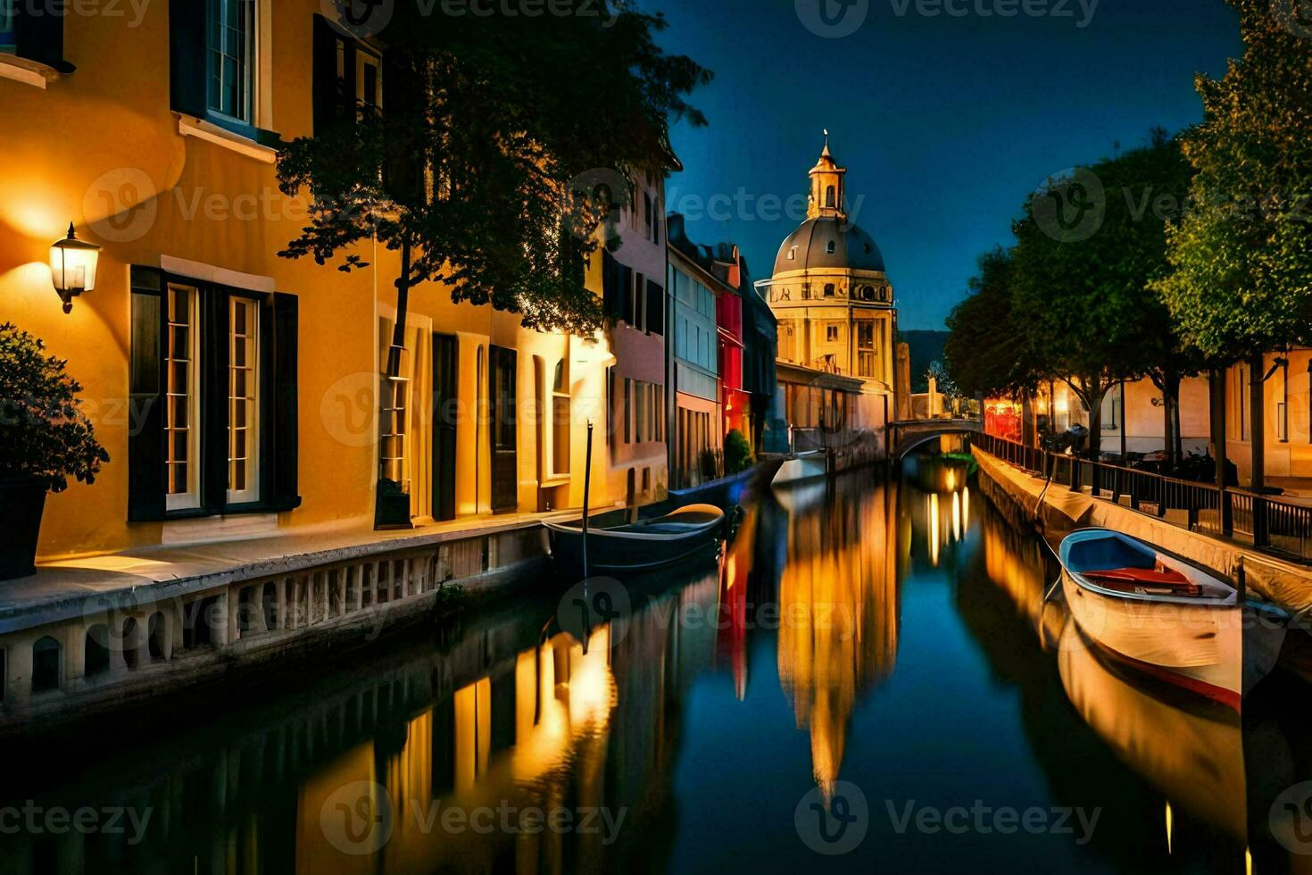 een kanaal in de midden- van een stad Bij nacht. ai-gegenereerd foto