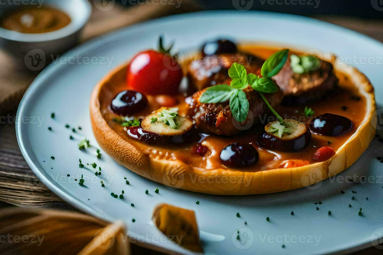 een bord met een wafel bekroond met vlees en groenten. ai-gegenereerd foto