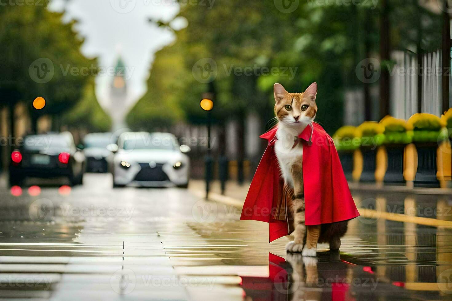 een kat vervelend een rood kaap Aan een regenachtig dag. ai-gegenereerd foto