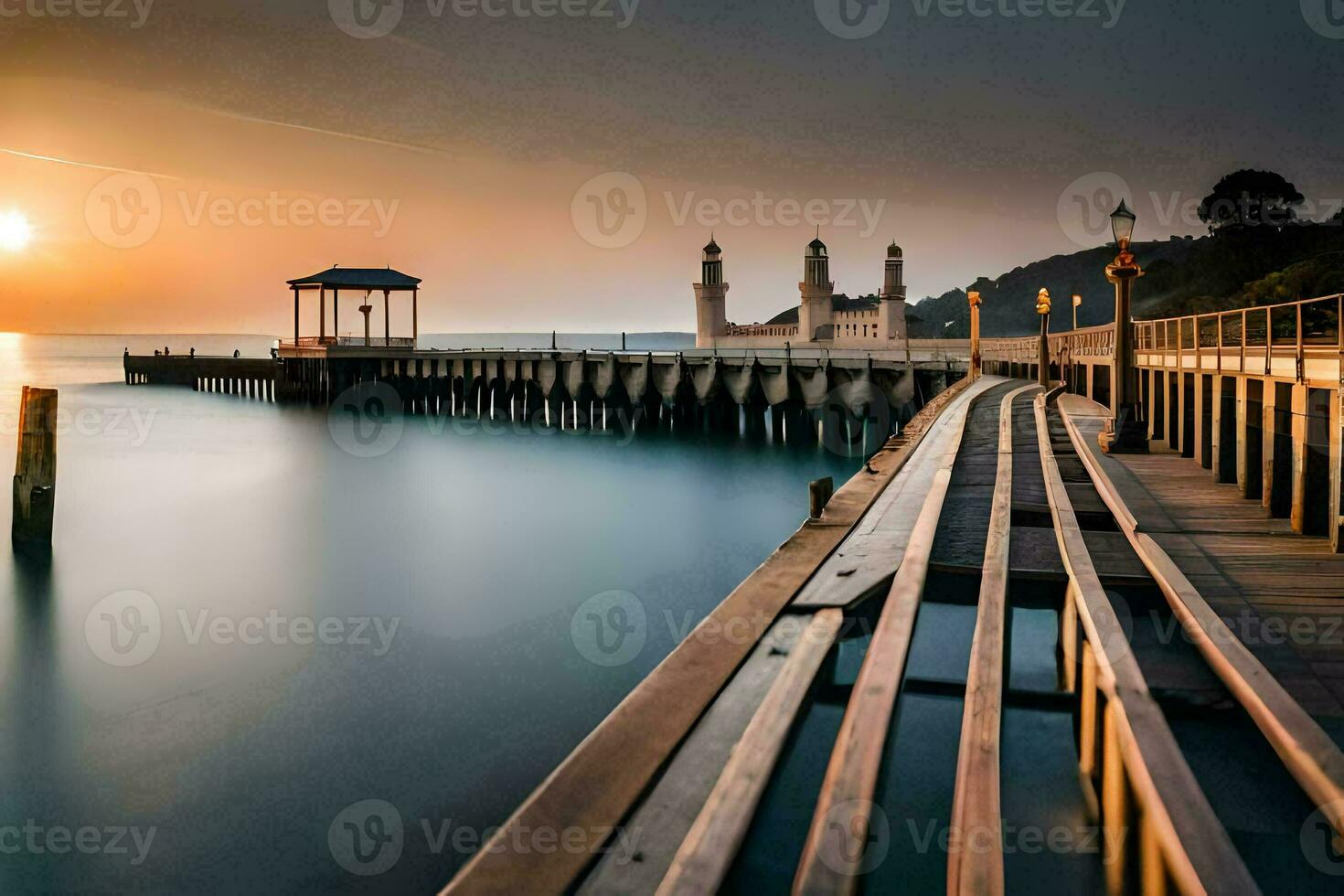 een pier met een lang pier en een moskee Bij zonsondergang. ai-gegenereerd foto