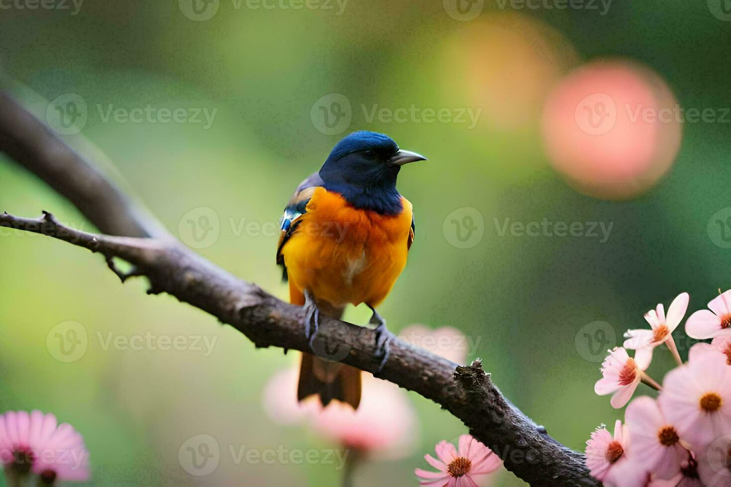 een kleurrijk vogel zit Aan een Afdeling met roze bloemen. ai-gegenereerd foto