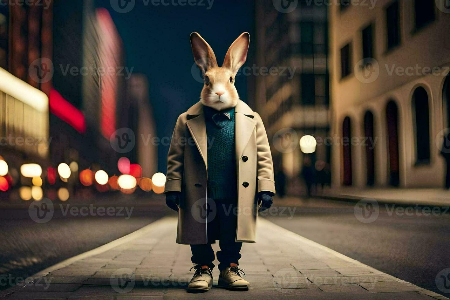 een konijn vervelend een jas en stropdas staand Aan een straat. ai-gegenereerd foto