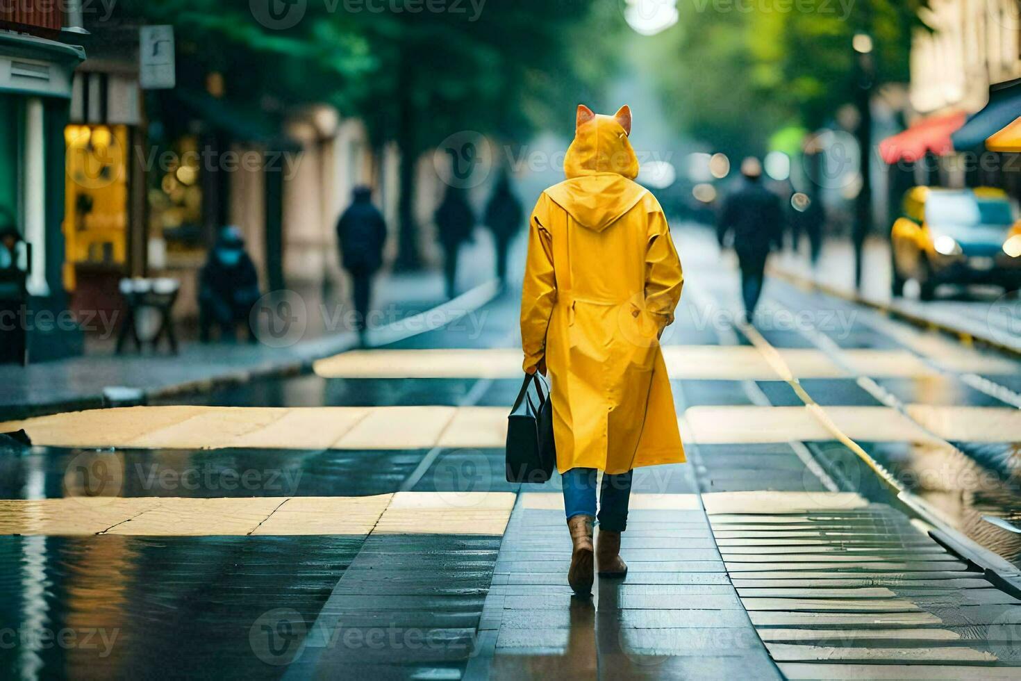 een persoon wandelen naar beneden een straat in een geel regenjas. ai-gegenereerd foto