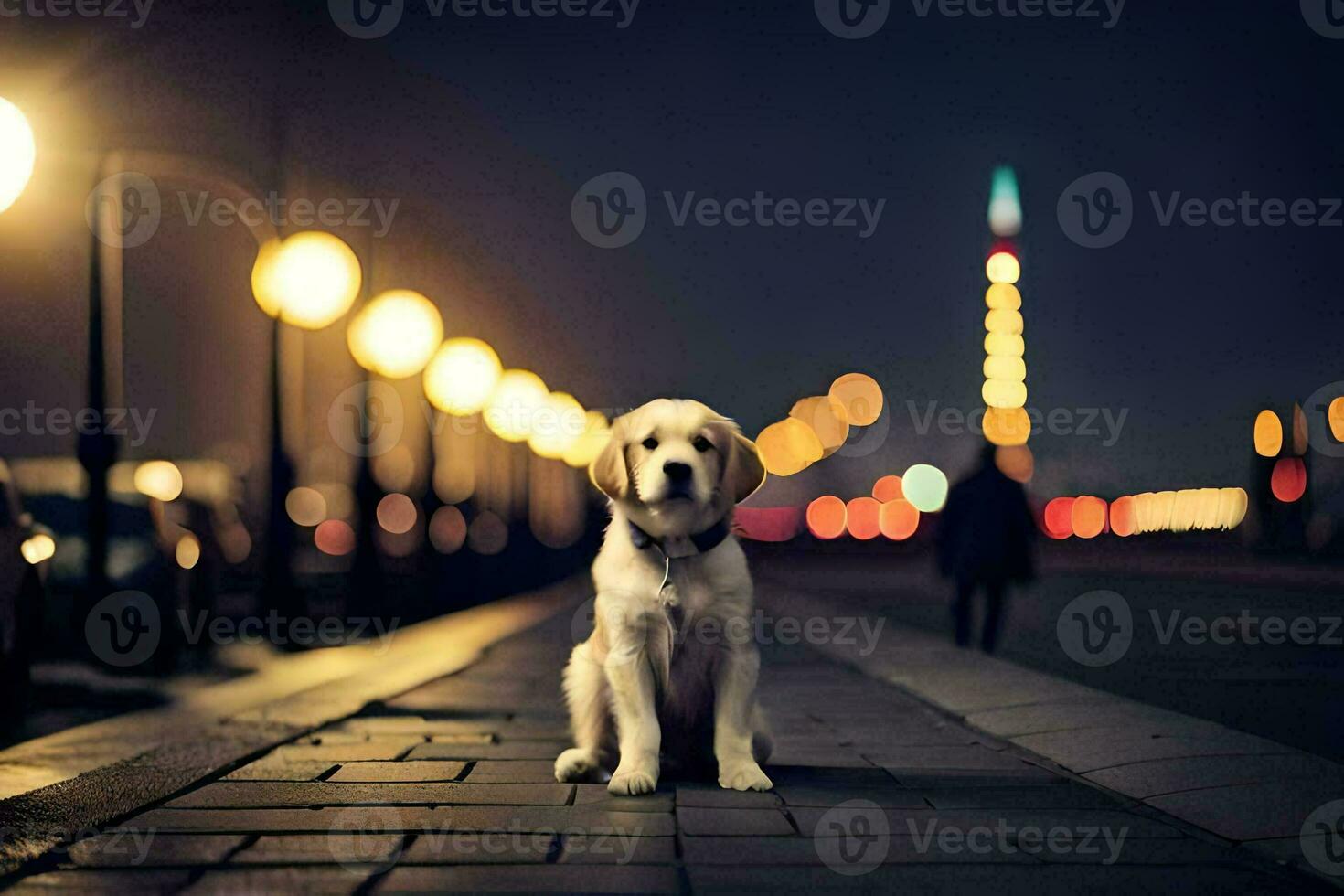 een hond zittend Aan de trottoir Bij nacht. ai-gegenereerd foto