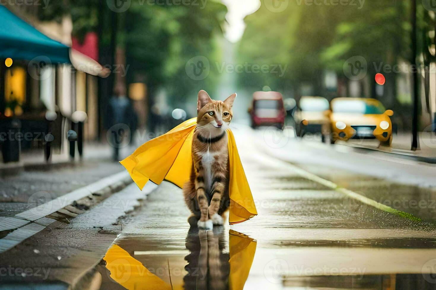 een kat wandelen in de regen met een geel paraplu. ai-gegenereerd foto