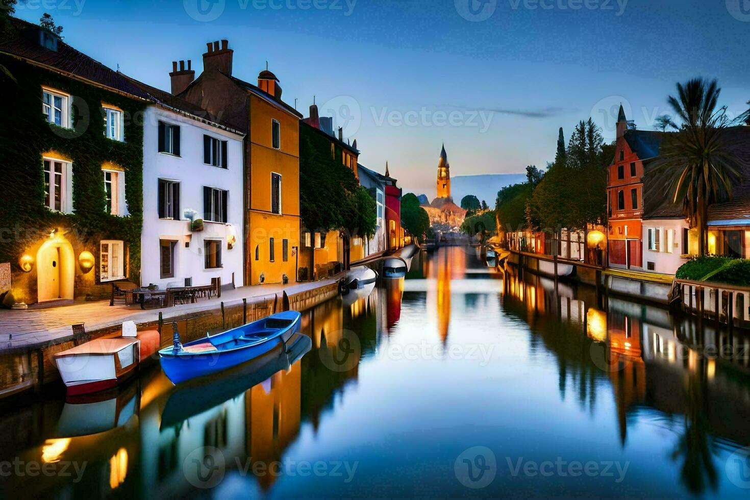 een kanaal in de midden- van een stad met boten. ai-gegenereerd foto