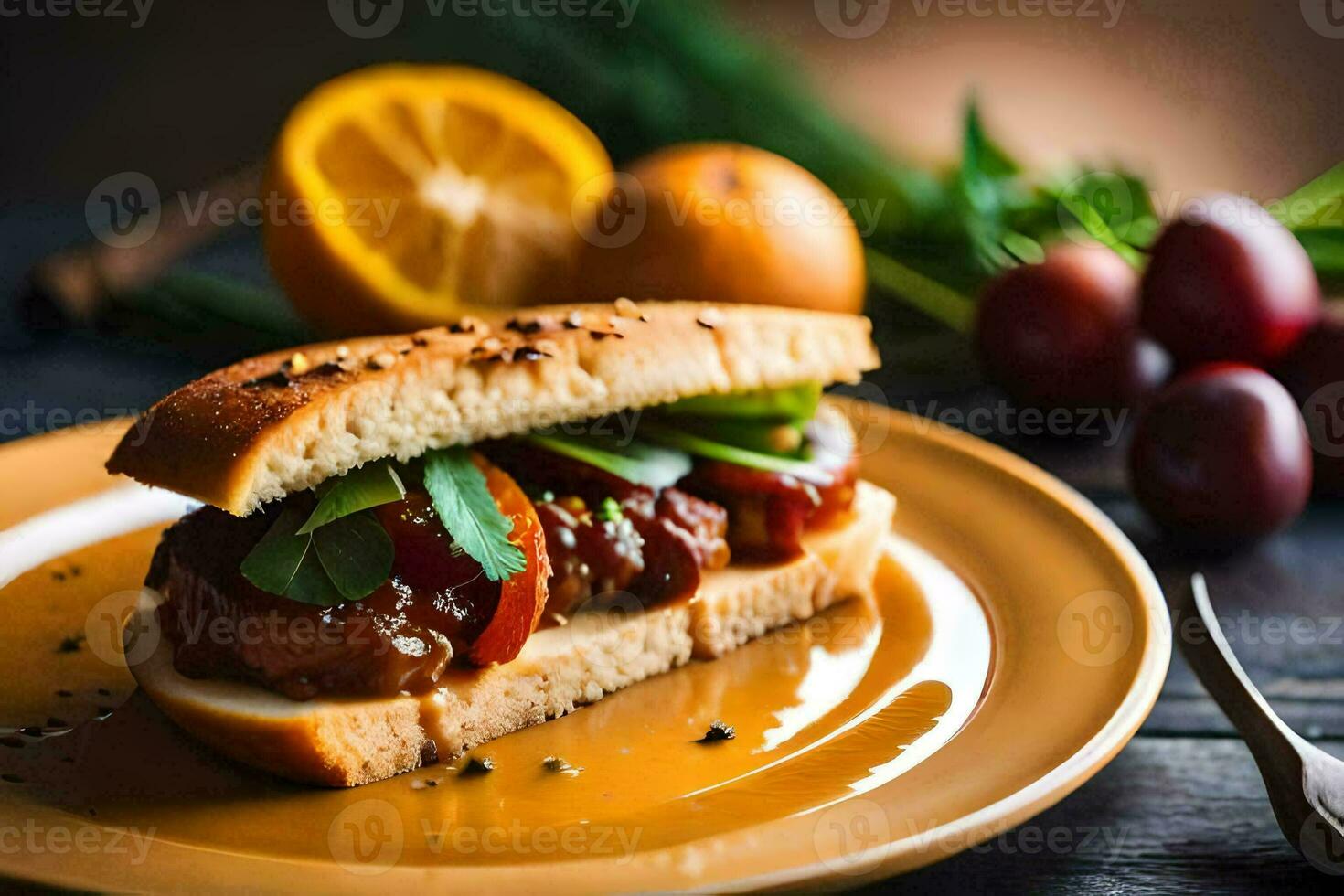 een belegd broodje met vlees en groenten Aan een bord. ai-gegenereerd foto