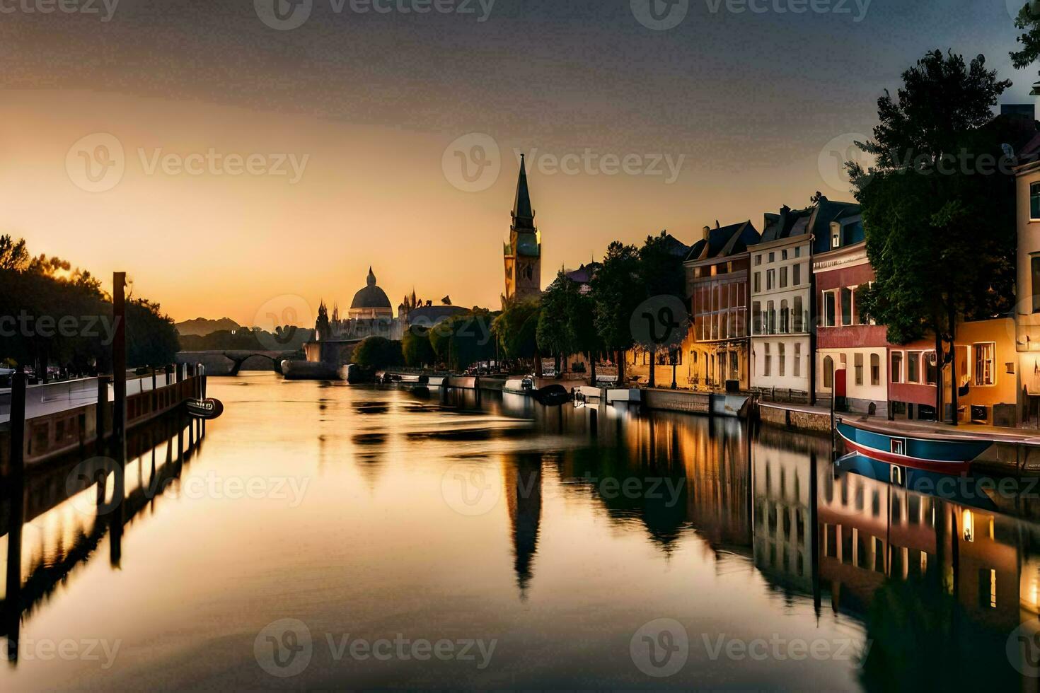 de zon sets over- een kanaal in een stad. ai-gegenereerd foto