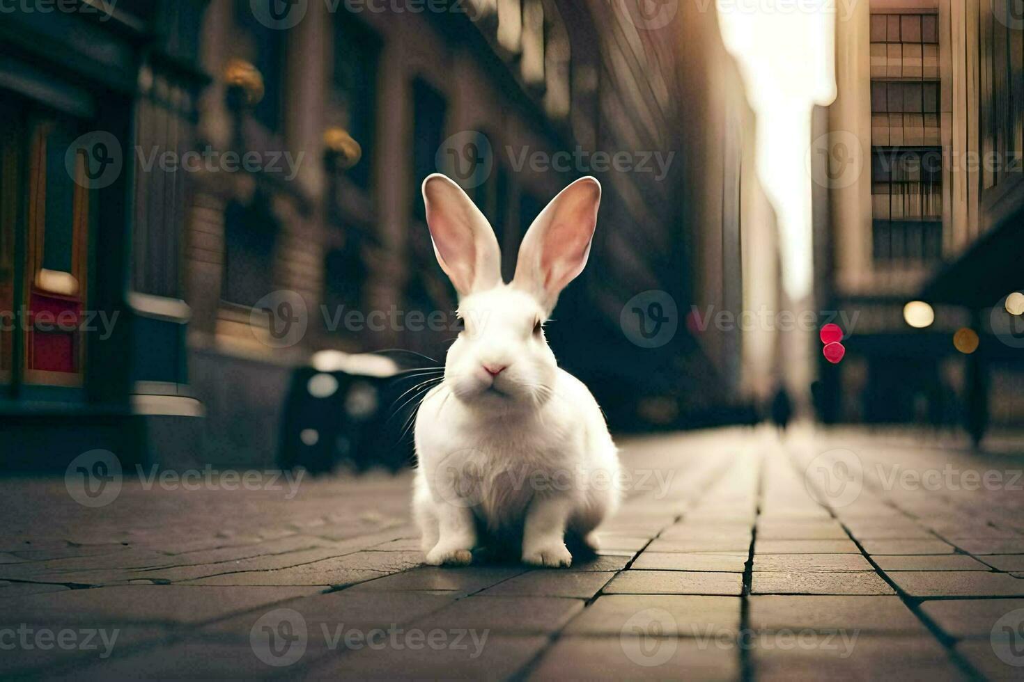 wit konijn Aan de straat. ai-gegenereerd foto