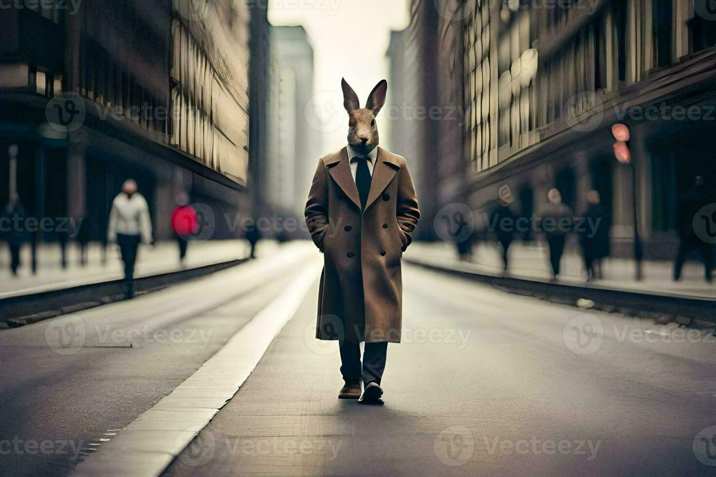 een konijn vervelend een jas en stropdas wandelen naar beneden een stad straat. ai-gegenereerd foto