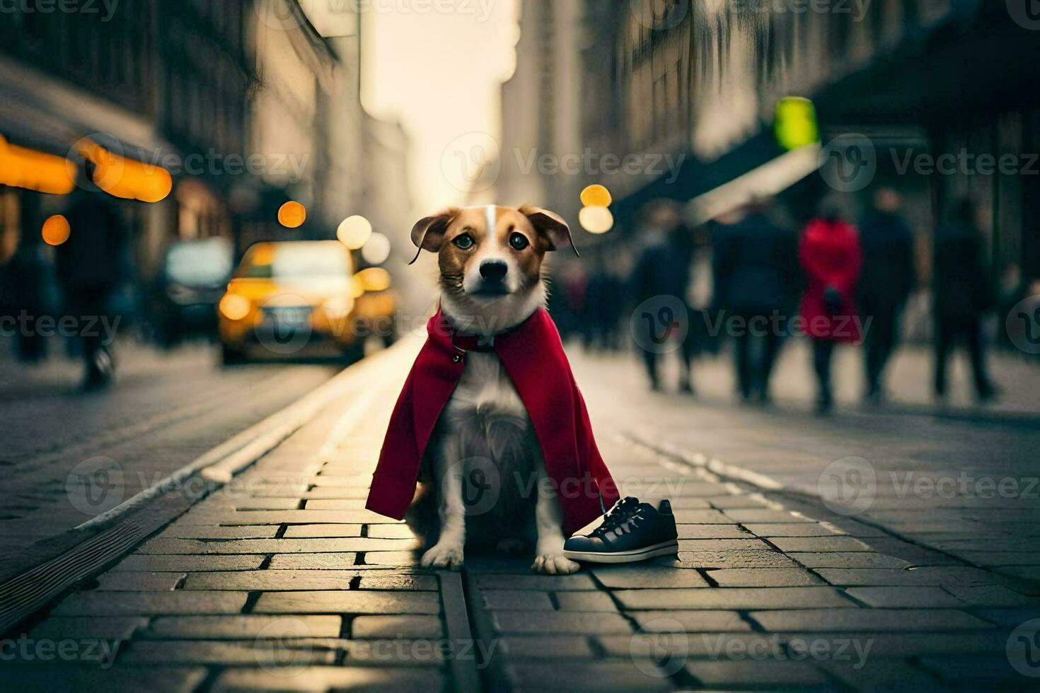 een hond vervelend een rood kaap zit Aan de straat. ai-gegenereerd foto