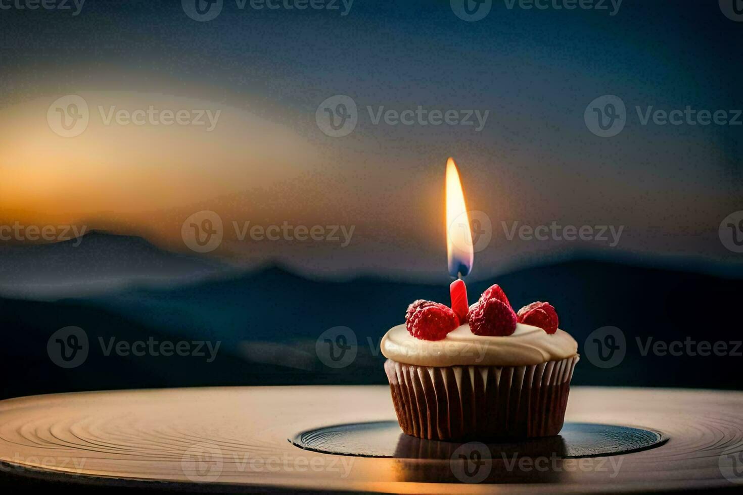 een koekje met een single kaars Aan top van een tafel. ai-gegenereerd foto