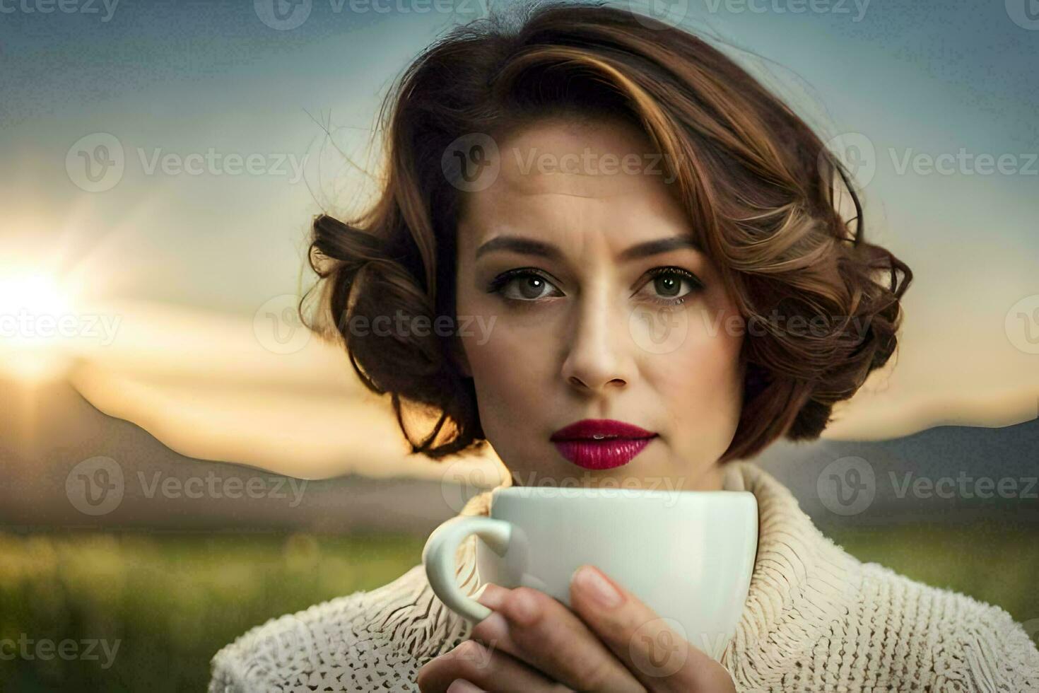 een vrouw Holding een kop van koffie in voorkant van een veld. ai-gegenereerd foto