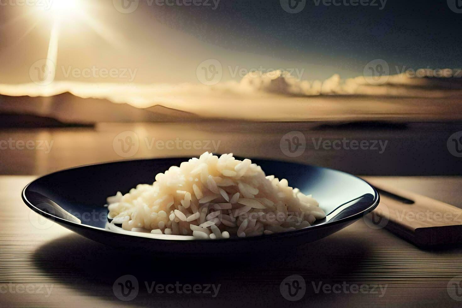een kom van rijst- Aan een tafel met de zon in de achtergrond. ai-gegenereerd foto