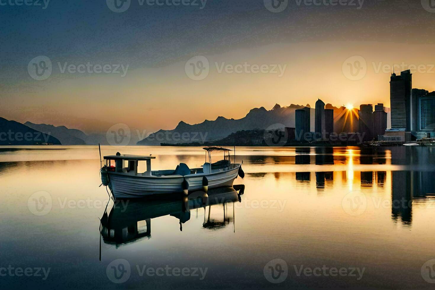 een boot zit Aan de water Bij zonsondergang met de stad in de achtergrond. ai-gegenereerd foto