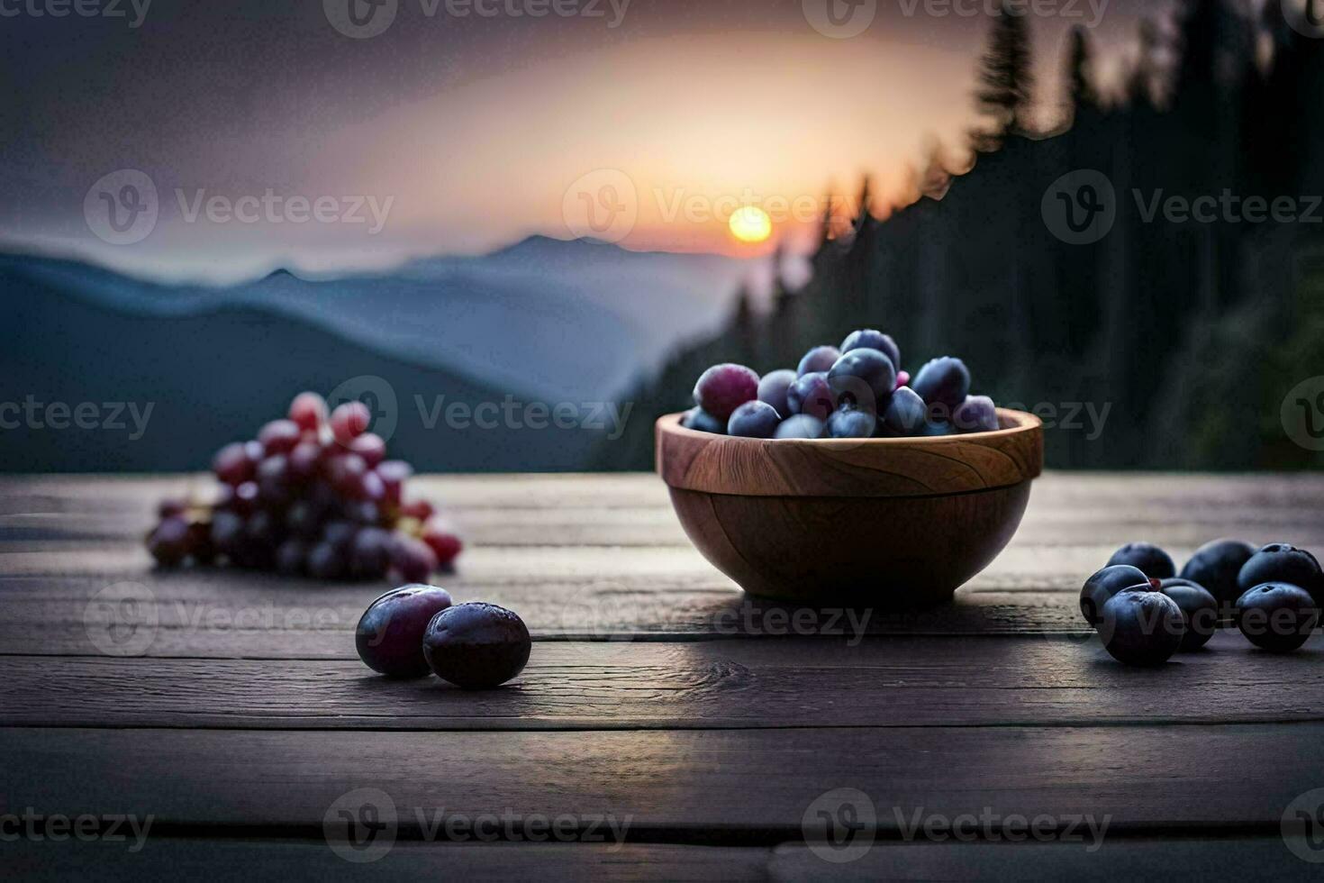 druiven in een kom Aan een houten tafel met bergen in de achtergrond. ai-gegenereerd foto