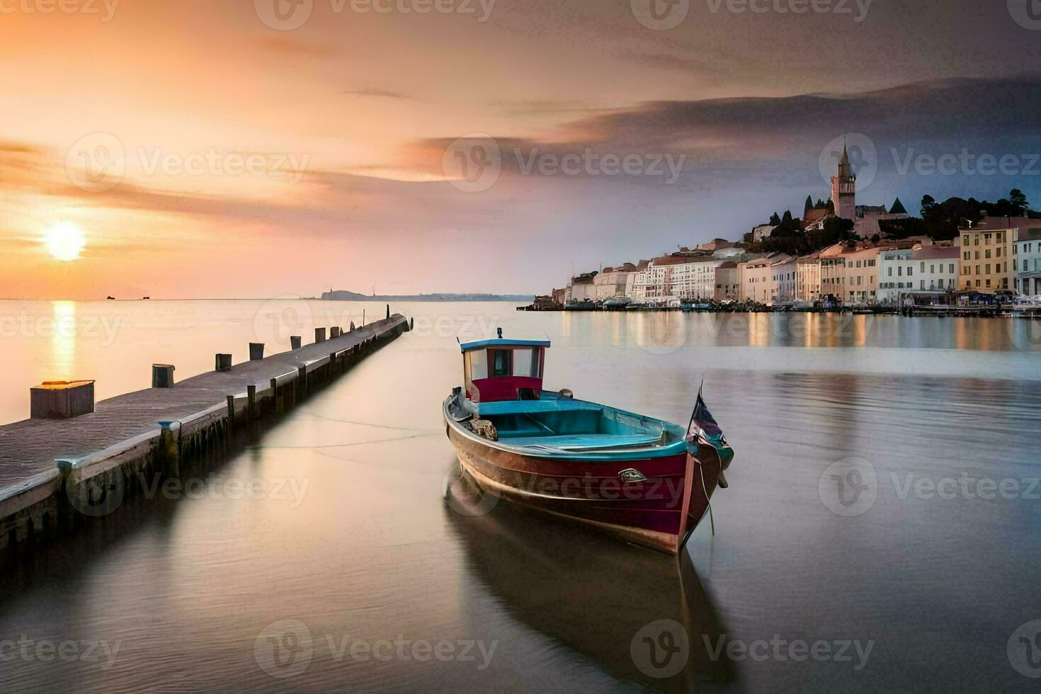 een boot zit Aan de water Bij zonsondergang. ai-gegenereerd foto