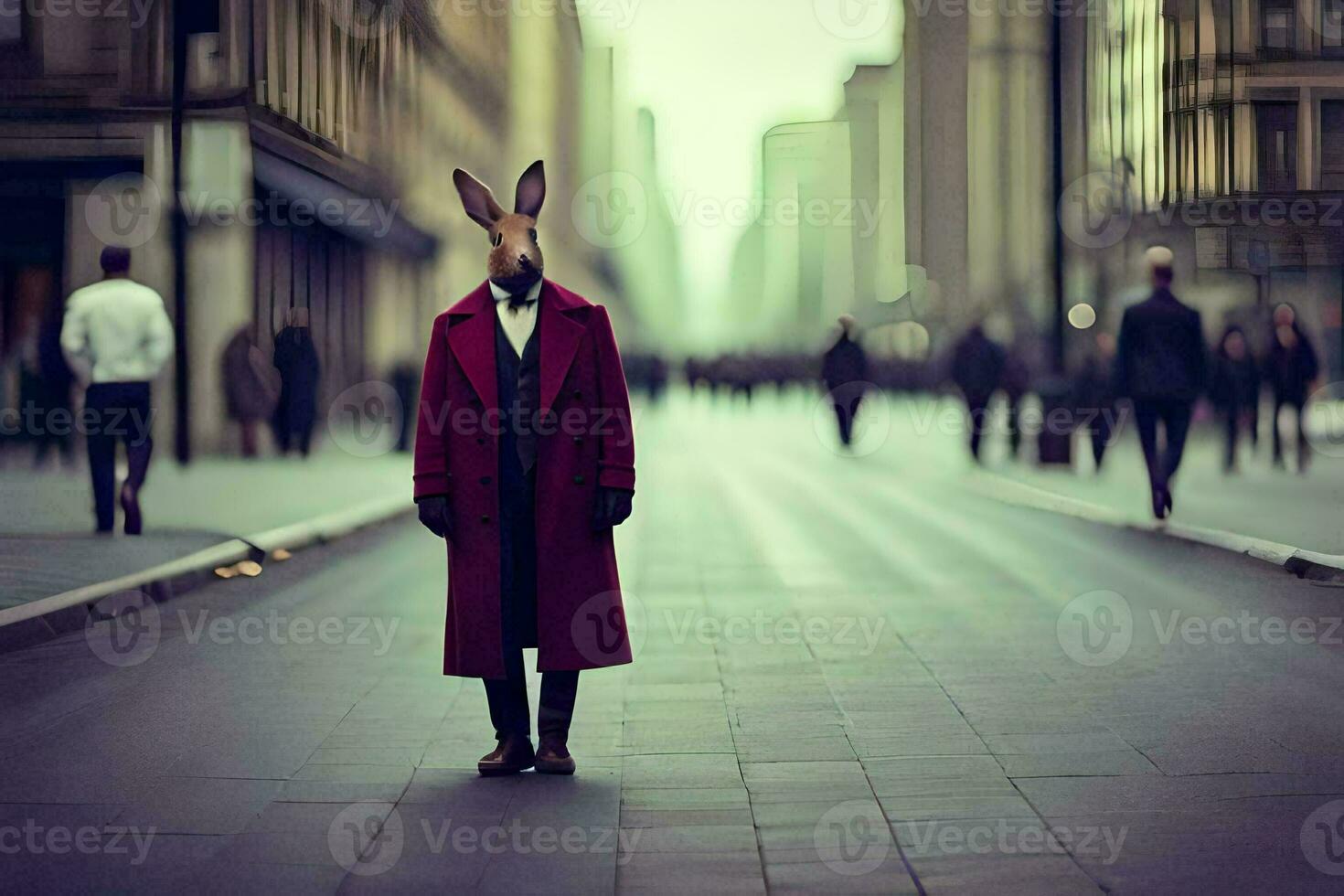 een konijn vervelend een rood jas en stropdas staand in de midden- van een stad straat. ai-gegenereerd foto