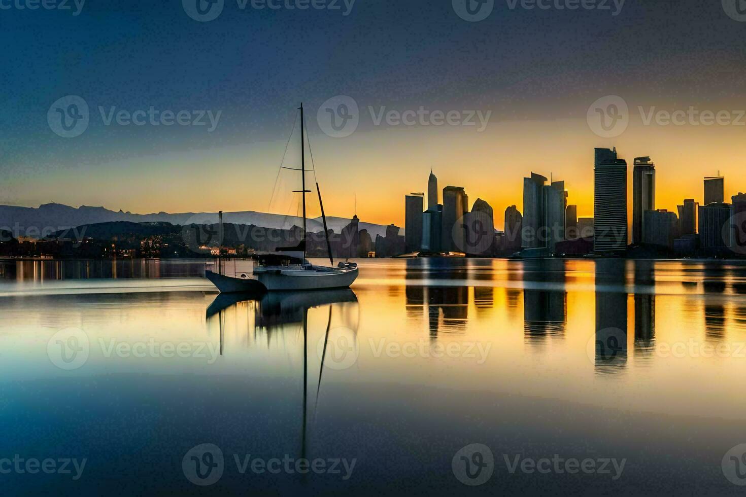 een boot is in de water Bij zonsondergang met de stad horizon in de achtergrond. ai-gegenereerd foto