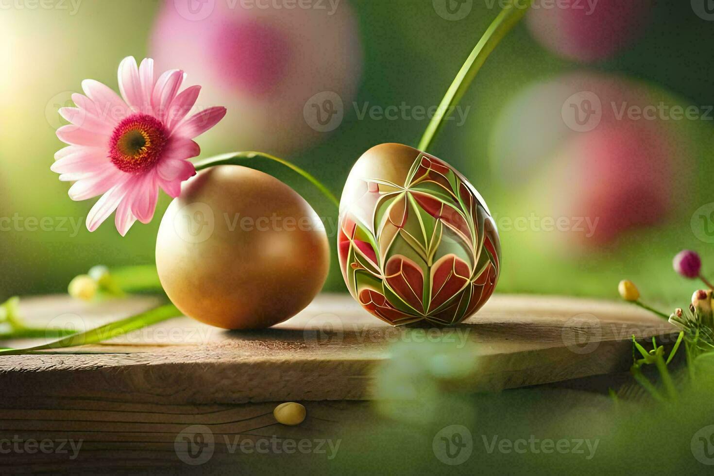 twee eieren met bloemen Aan een houten tafel. ai-gegenereerd foto