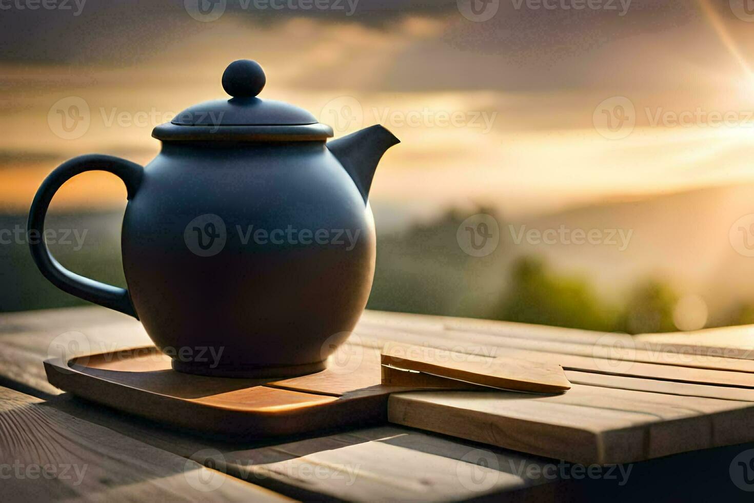 thee pot Aan een houten tafel. ai-gegenereerd foto