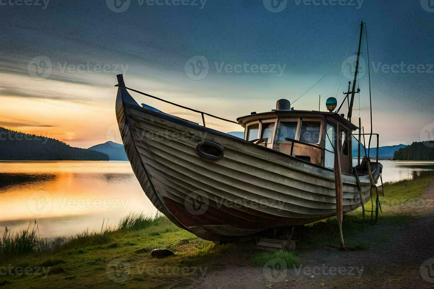 een boot zit Aan de kust Bij zonsondergang. ai-gegenereerd foto