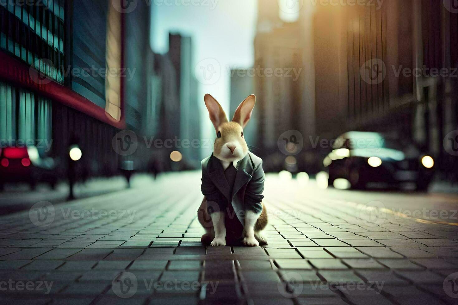 een konijn in een pak zittend Aan de straat. ai-gegenereerd foto