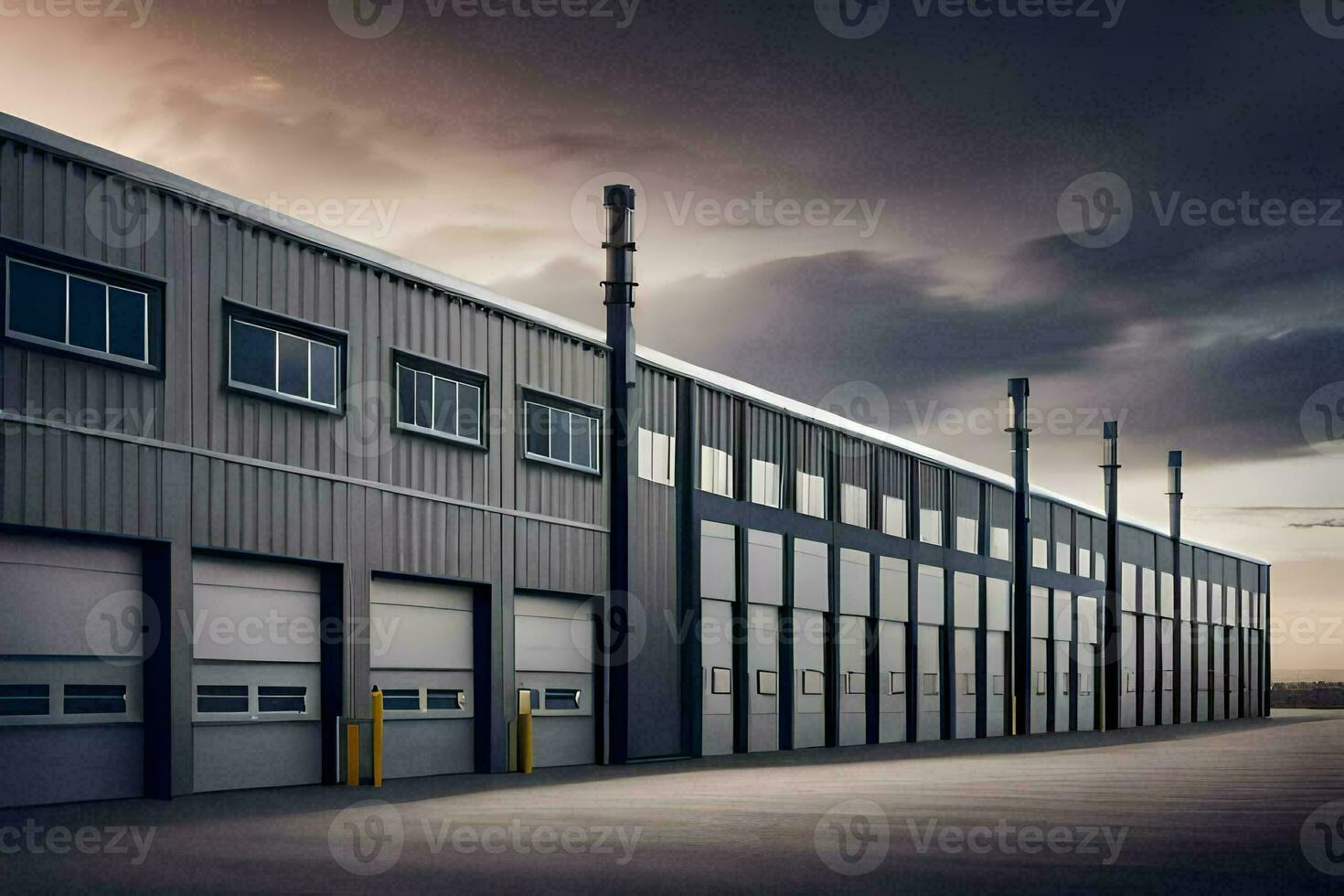 een groot industrieel gebouw met vier garage deuren. ai-gegenereerd foto