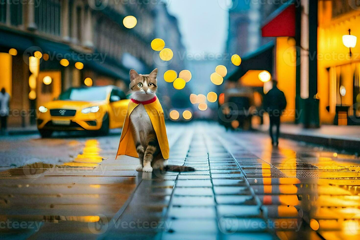 een kat vervelend een geel kaap wandelingen naar beneden een straat Bij nacht. ai-gegenereerd foto