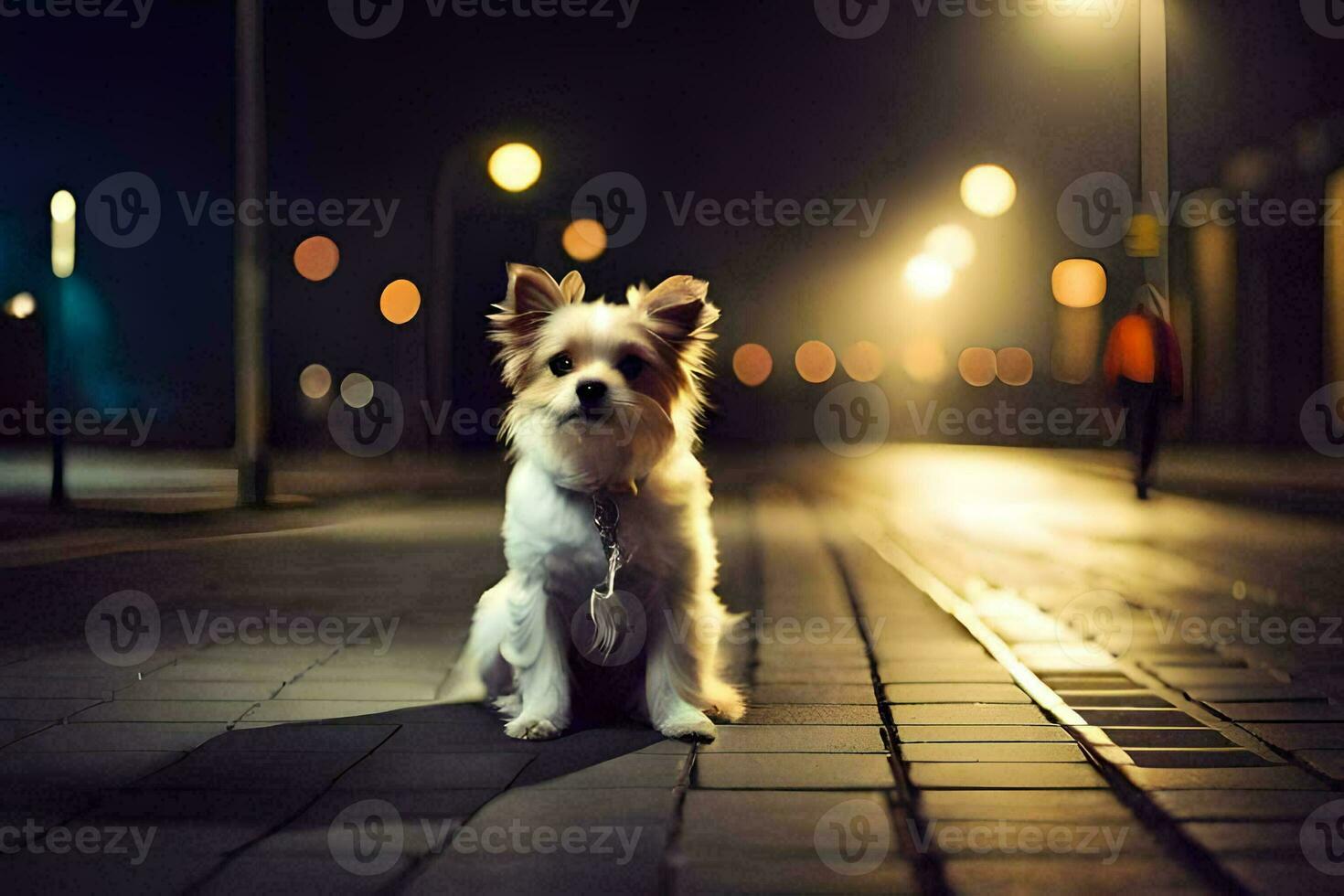 een klein hond zittend Aan de trottoir Bij nacht. ai-gegenereerd foto