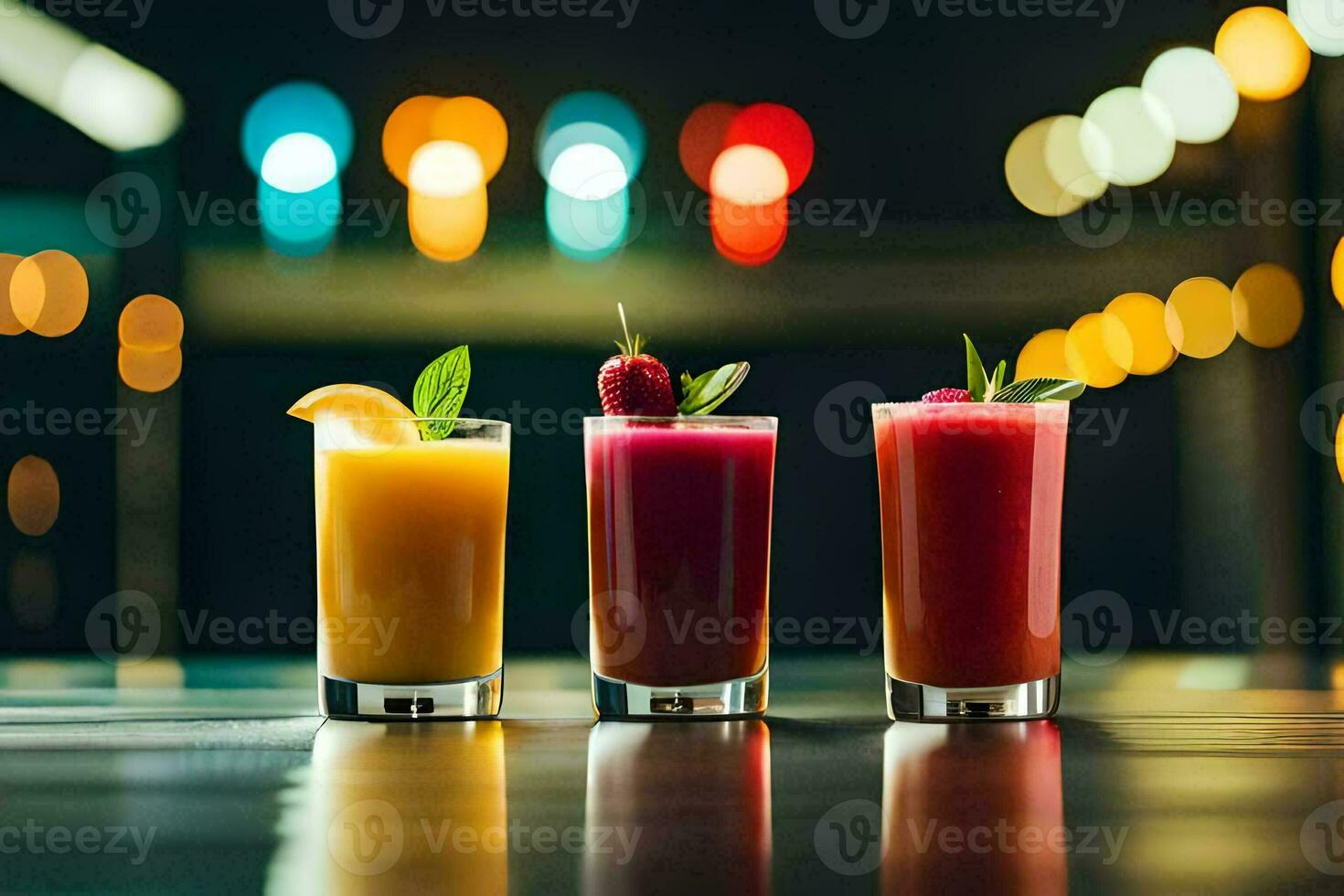 drie verschillend gekleurde drankjes zijn bekleed omhoog Aan een tafel. ai-gegenereerd foto