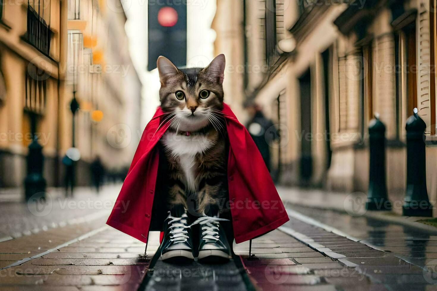 een kat vervelend een rood kaap en sportschoenen Aan een stad straat. ai-gegenereerd foto