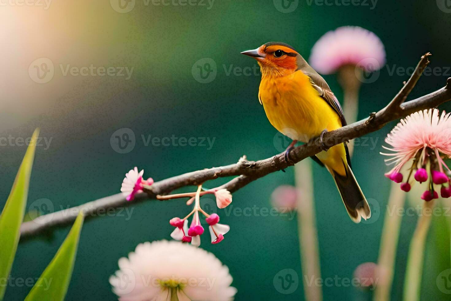 een vogel zit Aan een Afdeling met roze bloemen. ai-gegenereerd foto
