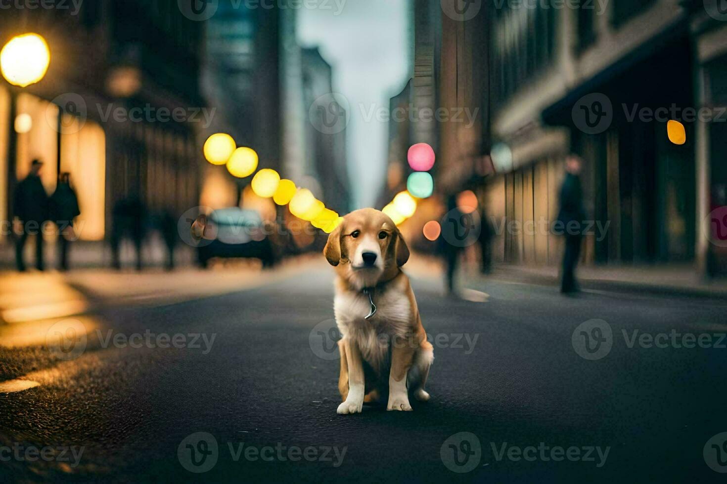 een hond zittend Aan de straat in een stad. ai-gegenereerd foto