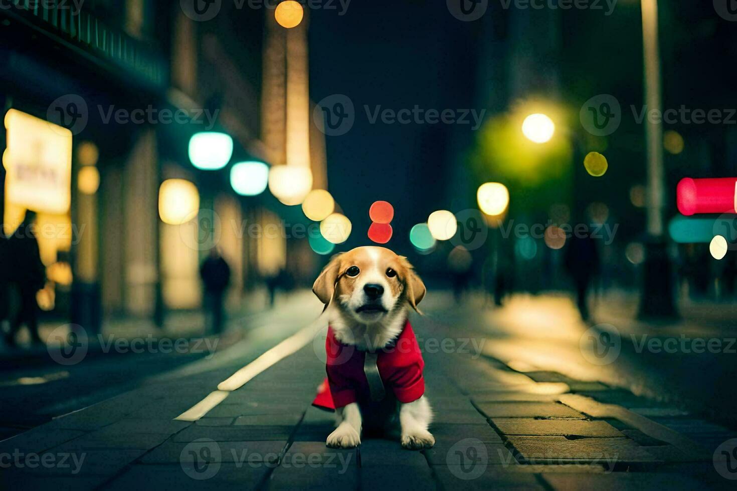 een hond vervelend een rood overhemd Aan de straat Bij nacht. ai-gegenereerd foto