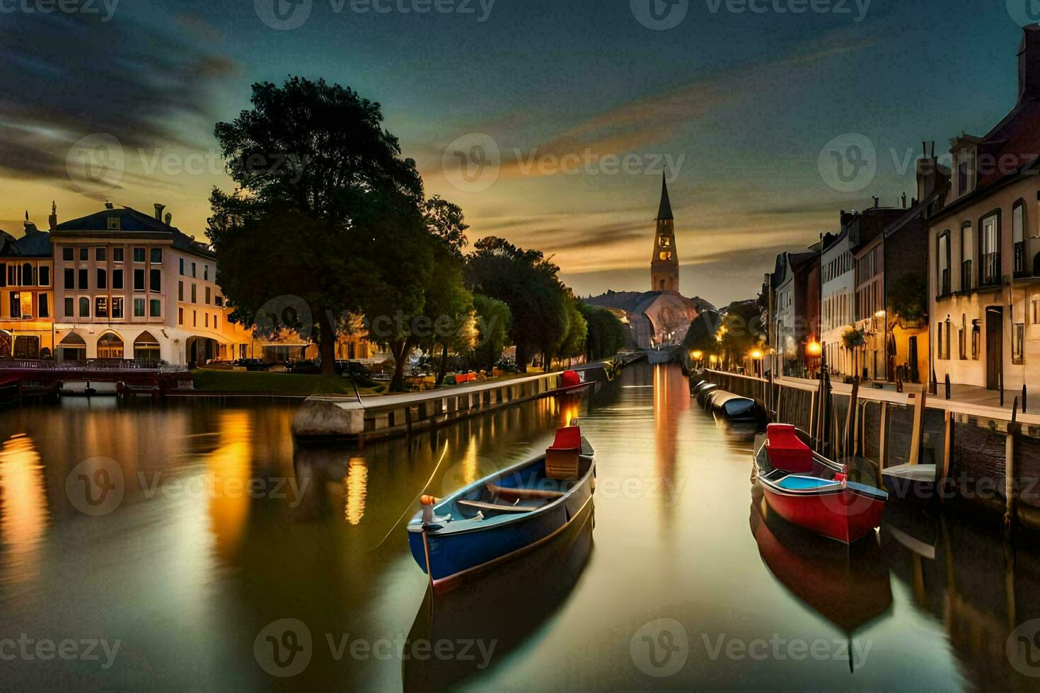 boten zijn aangemeerd in een kanaal Bij zonsondergang. ai-gegenereerd foto