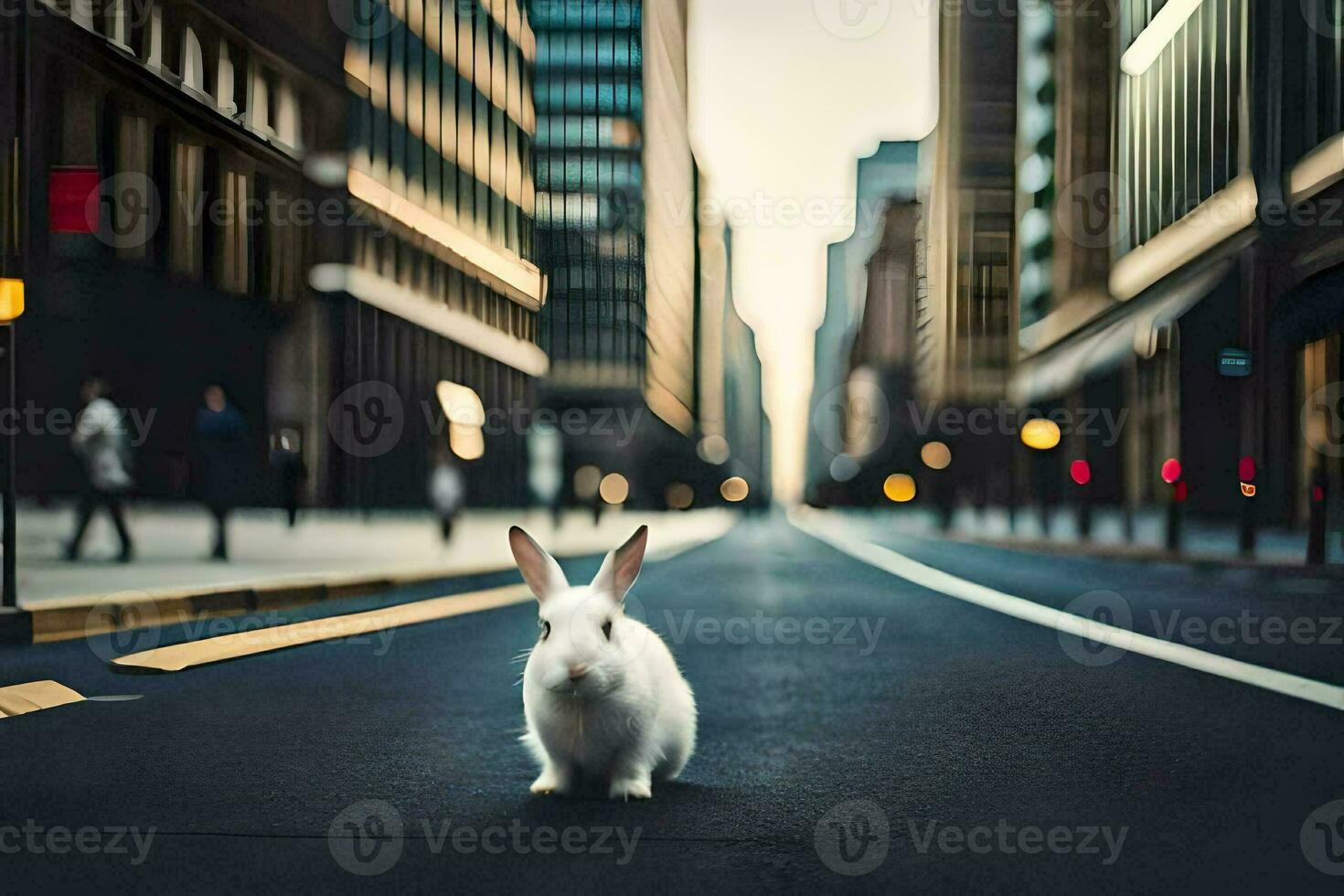 een wit konijn is staand in de midden- van een stad straat. ai-gegenereerd foto