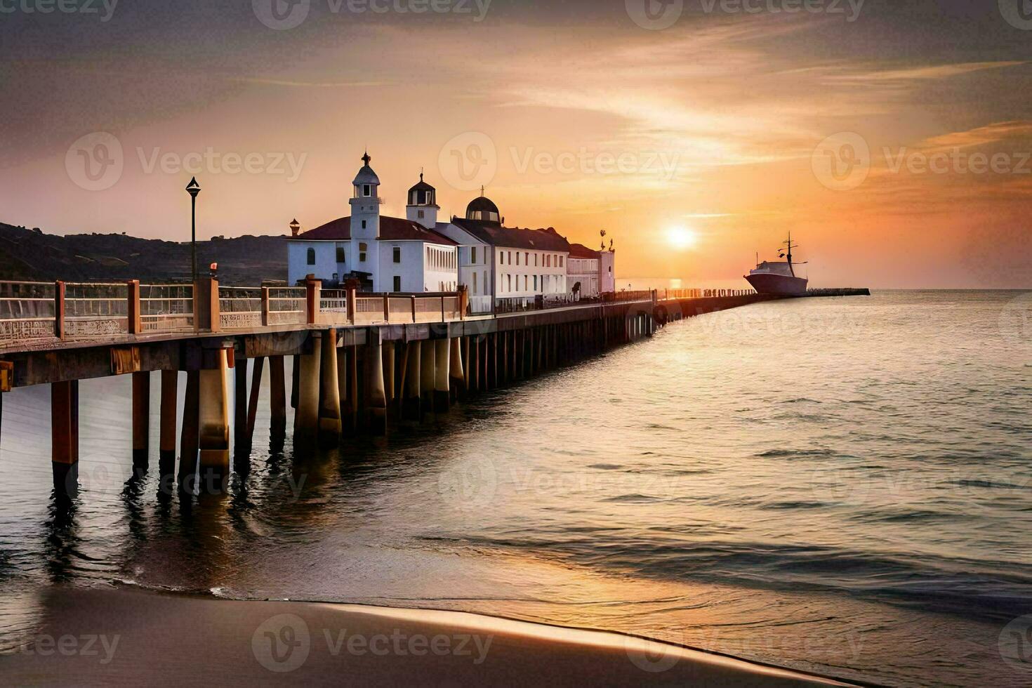 een pier met een boot Bij zonsondergang. ai-gegenereerd foto