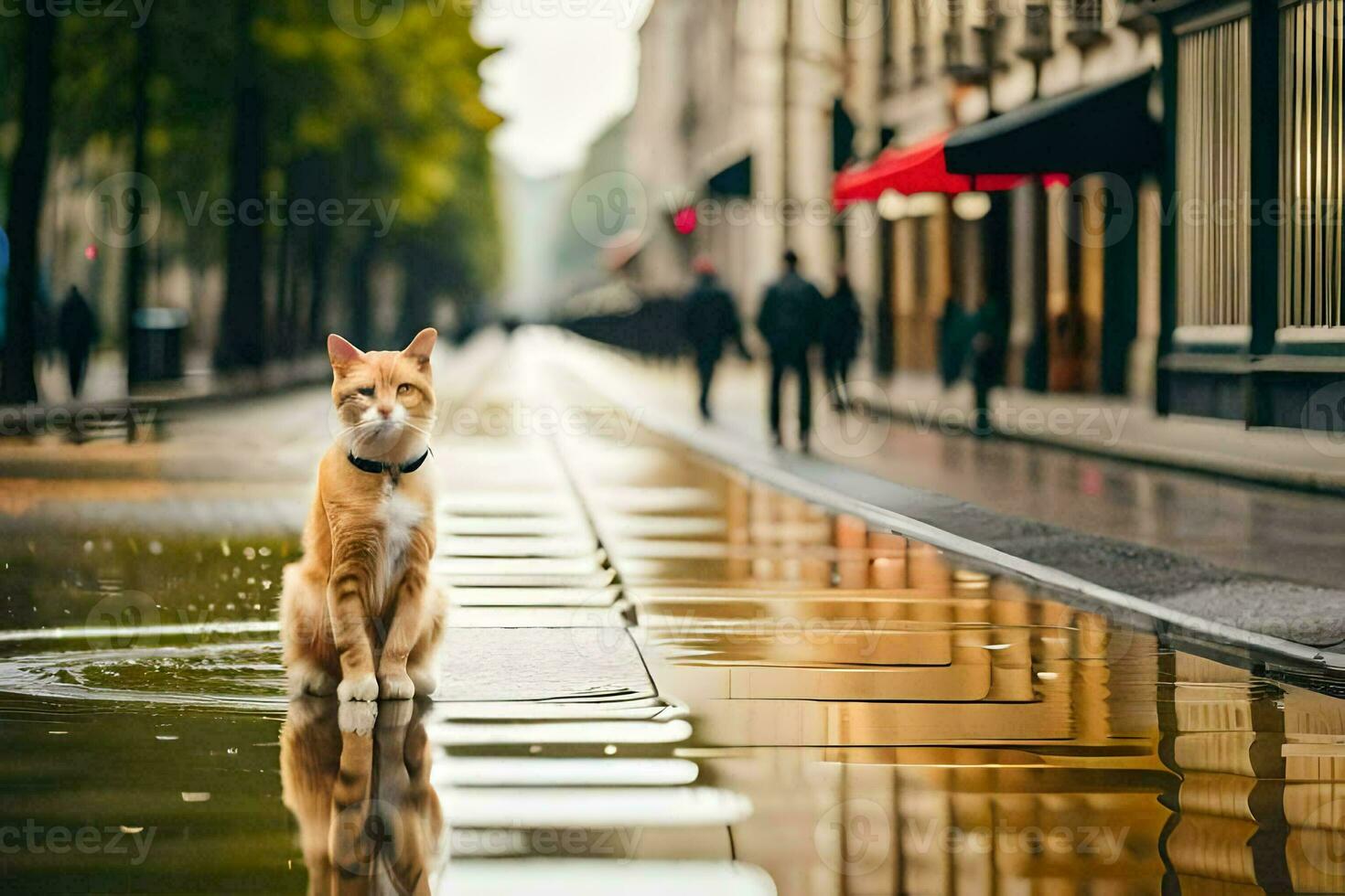 een kat zittend Aan de grond in de midden- van een plas. ai-gegenereerd foto