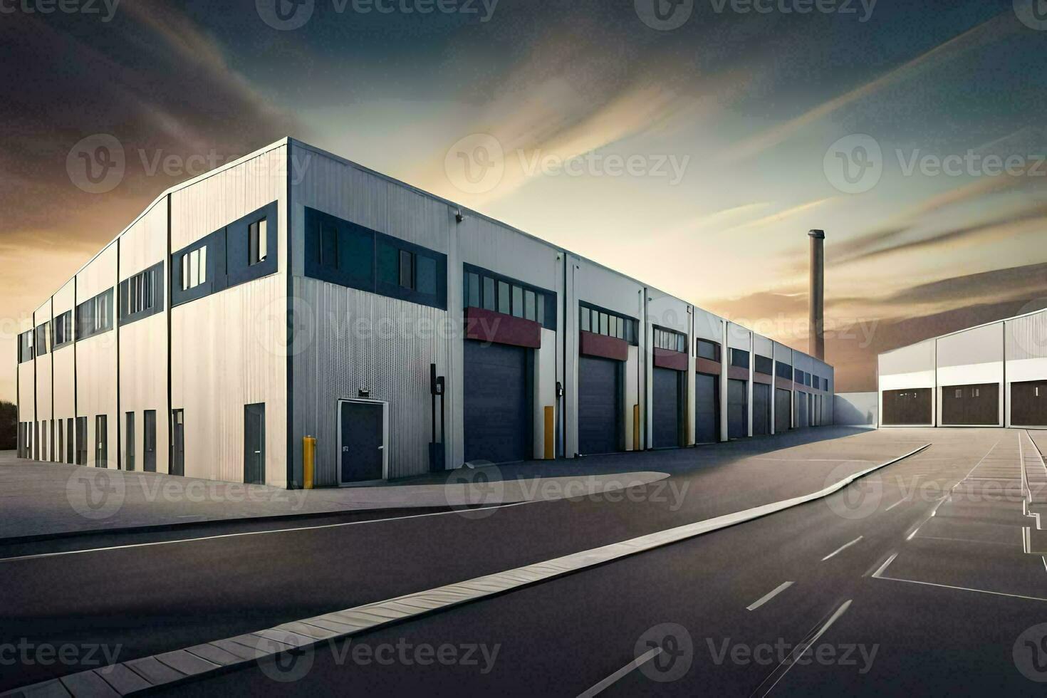 een groot industrieel gebouw met twee garage deuren. ai-gegenereerd foto