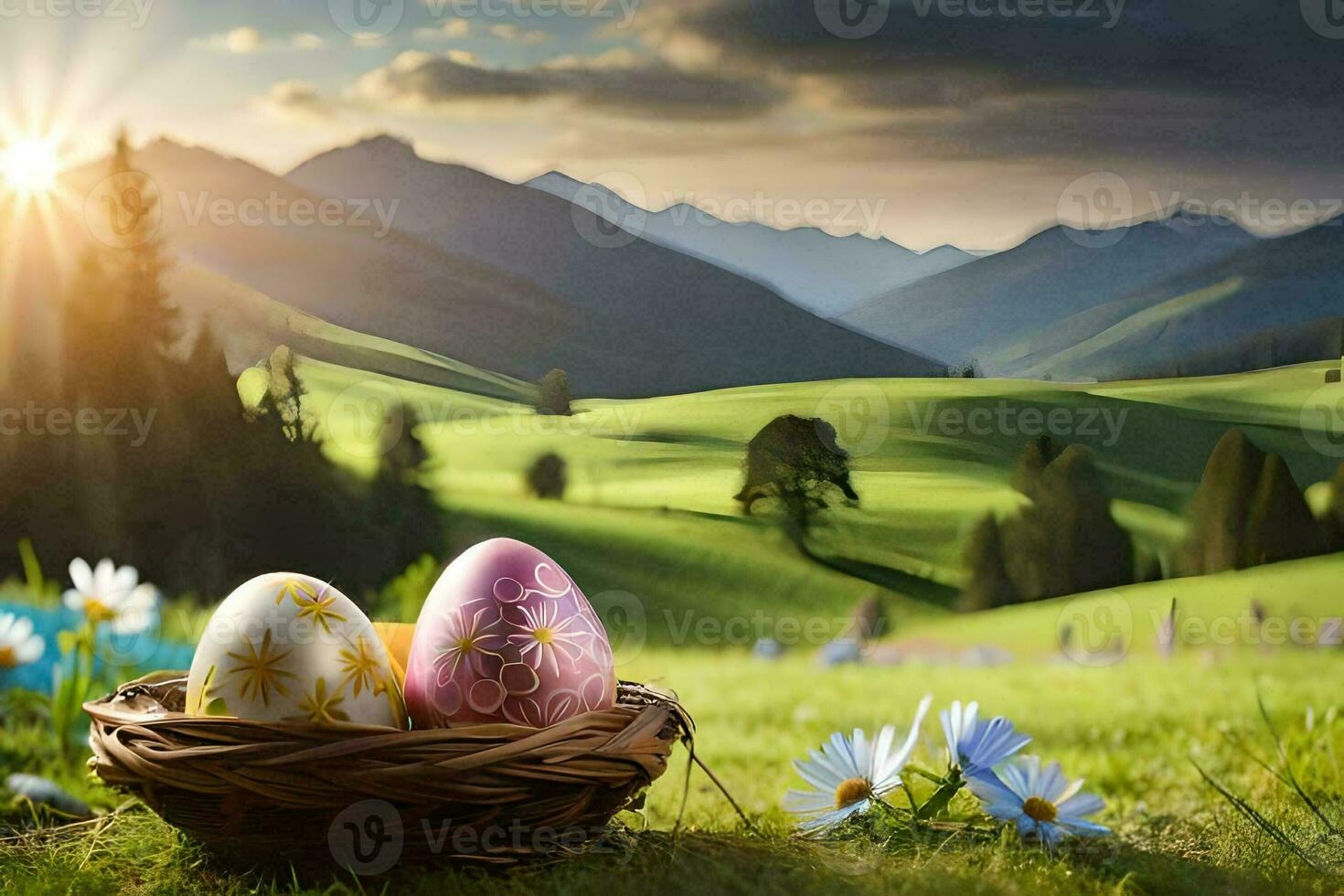 Pasen eieren in een mand in de bergen. ai-gegenereerd foto