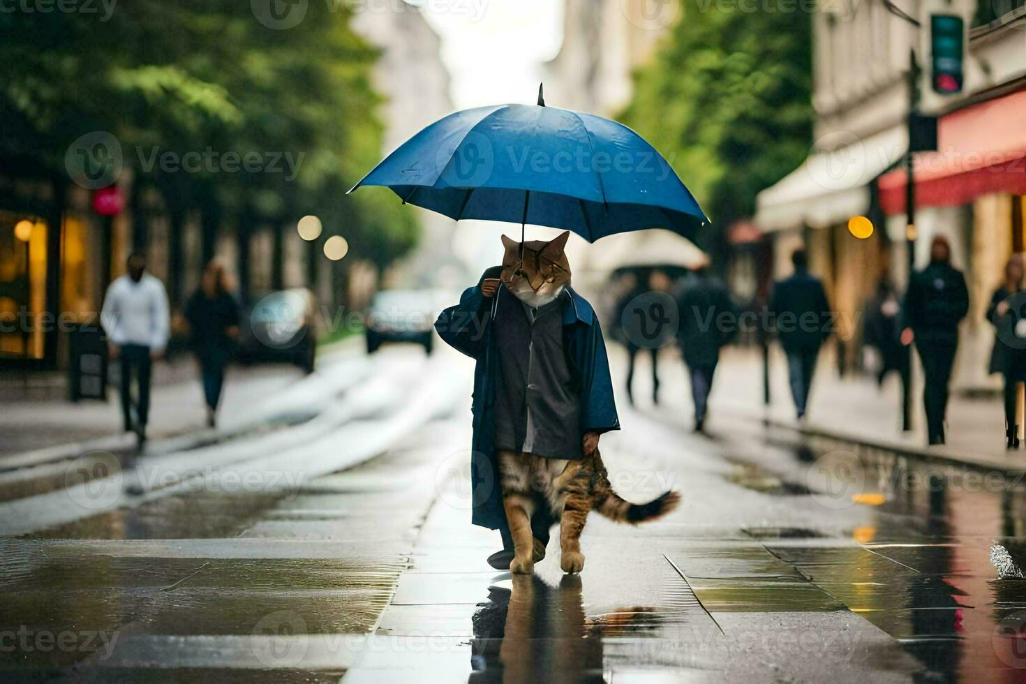 een kat wandelen in de regen met een paraplu. ai-gegenereerd foto